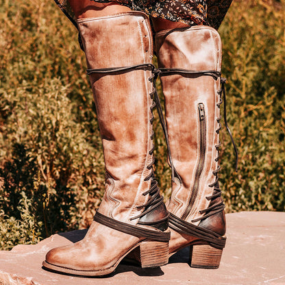 Light Brown Round Toe Lace-Up Stacked Heel Zipper Knee High Boots