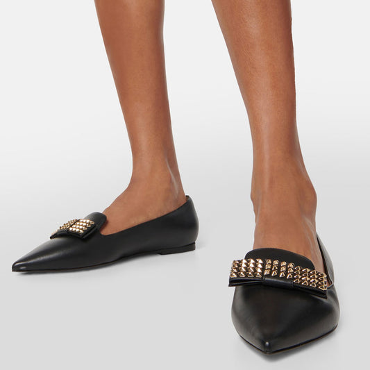 Black Slip-on Women's Shoes Pointed Toe Flats with Studded Bow