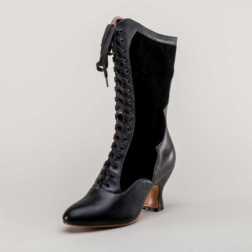 Vintage Black Closed-Toe Spool Heel Lace-Up Mid Calf Boots for Women
