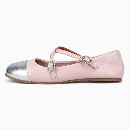 Pink & Silver Square Toe Rhinestone Embellished Cross Strappy Flats