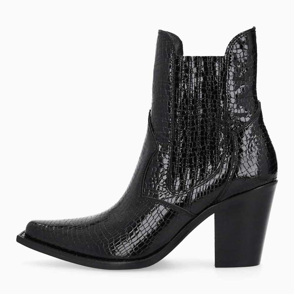 Black Snip Toe Python Embossed Chelsea Western Heeled Ankle Boots