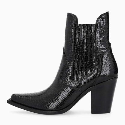 Black Snip Toe Python Embossed Chelsea Western Heeled Ankle Boots