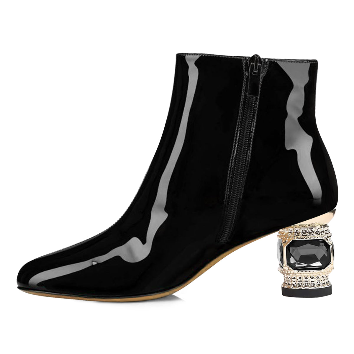Black Pointed Toe Decorative Heel Side-Zip Elegant Ankle Boots
