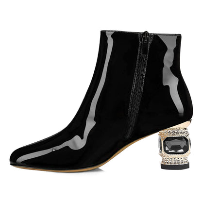 Black Pointed Toe Decorative Heel Side-Zip Elegant Ankle Boots