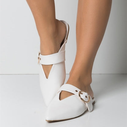 White Pointed Toe Comfortable Flat Mules with Buckle