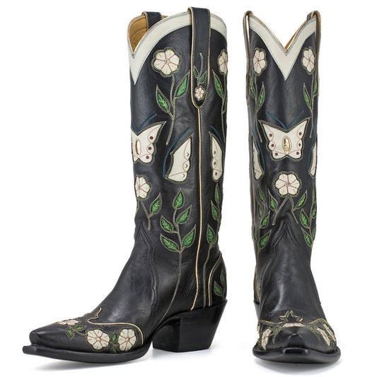 Black Snip Toe Butterfly Inlay Knee High Cowboy Boots for Women