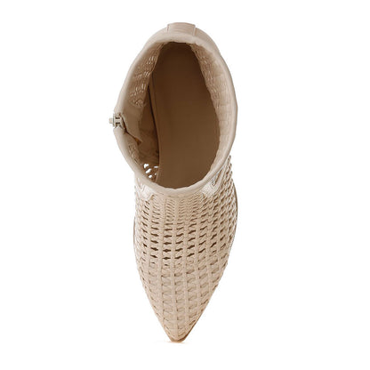 Beige Woven Pointed Toe Block Heel Zipper Ankle Boots for Women