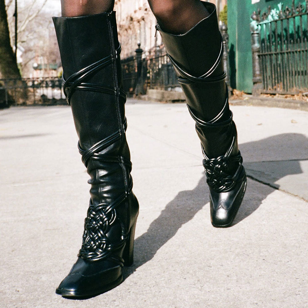 Black Square Toe Chunky Heel Rope Knot Knee High Boots