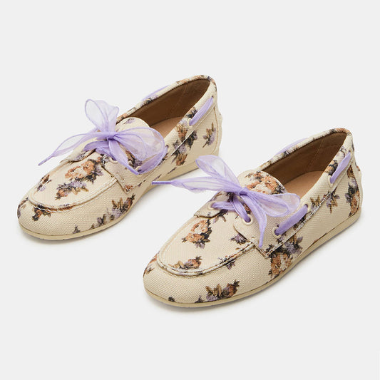 Women's Beige Lace Up Closed Toe Grommet Loafer Flats with Flowers