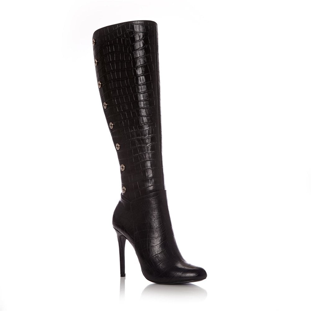 Black Croco Vegan Leather Long Boots Metal Button Knee High Boots