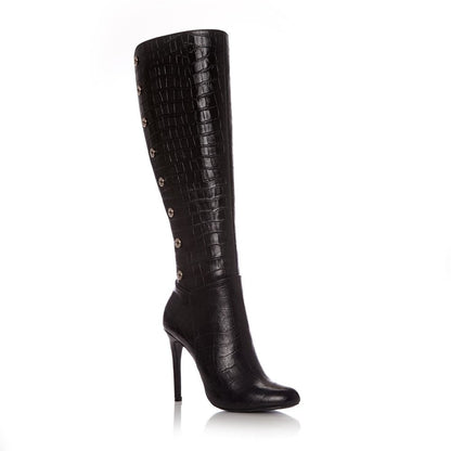 Black Croco Vegan Leather Long Boots Metal Button Knee High Boots