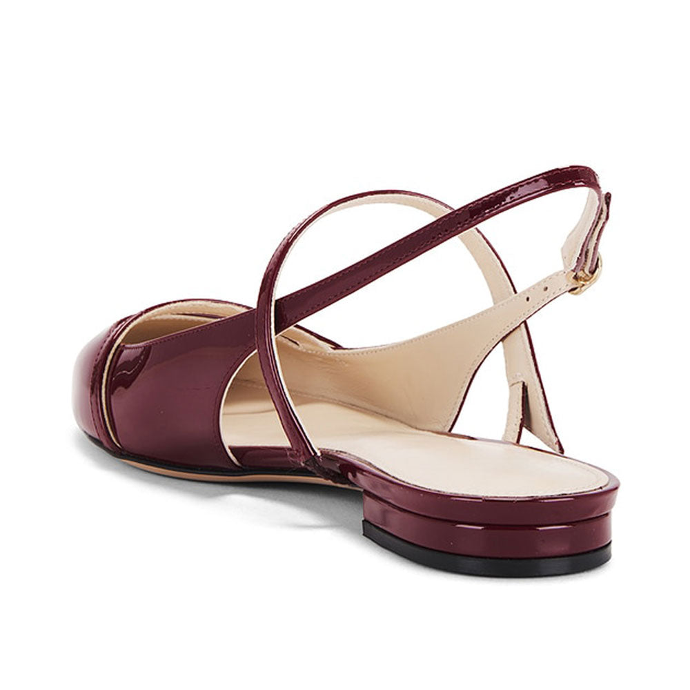 Sleek Maroon Patent Leather Pointed Toe Buckled Slingback Flats