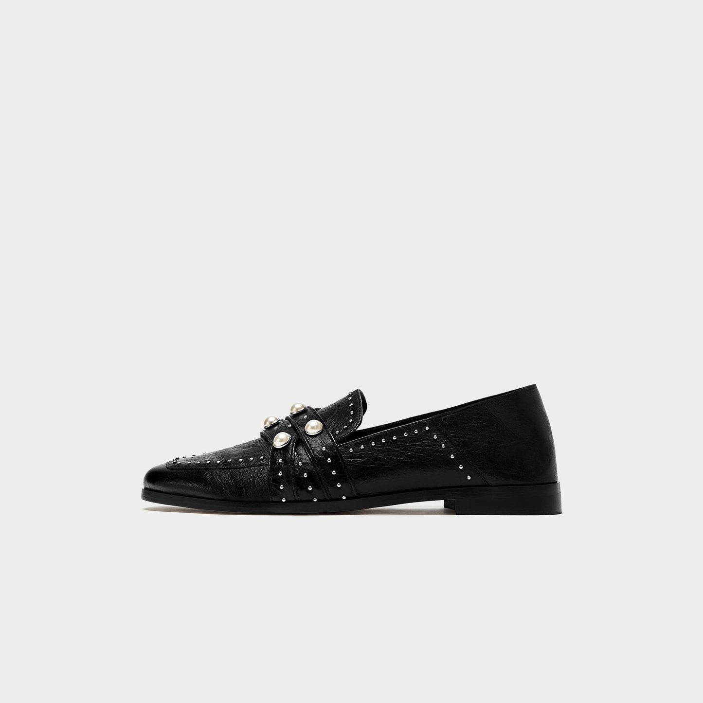 Black Closed-Toe Pearl Studs Strappy Flats Women's Loafers