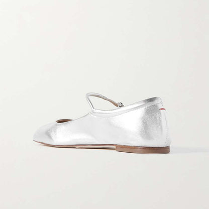 Silver Metallic Finish Square Toe Comfy Mary Jane Flats for Women
