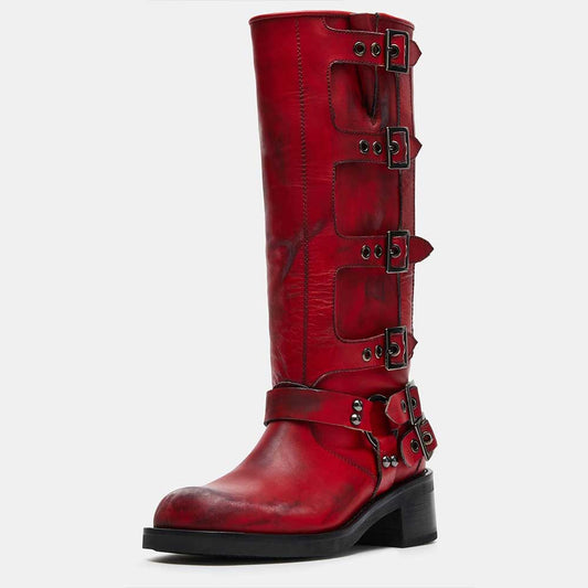 Maroon Distressed Round Toe Chunky Heel Buckled Knee High Boots