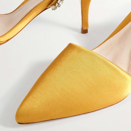 Yellow Satin Ankle Strap Rhinestones Kitten Heels Pointy Toe Pumps