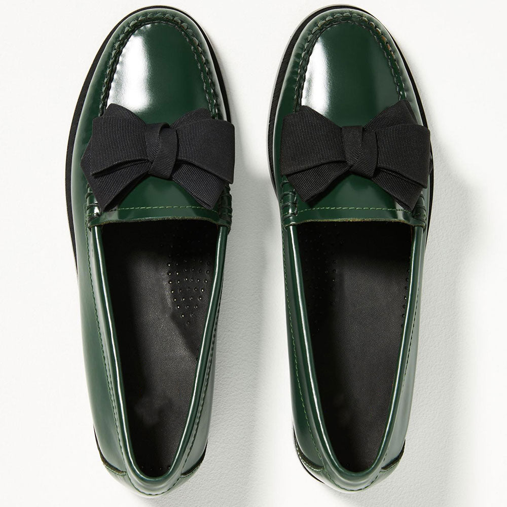 Green Round Toe Bow Detailed Slip-On Flats Women's Loafers