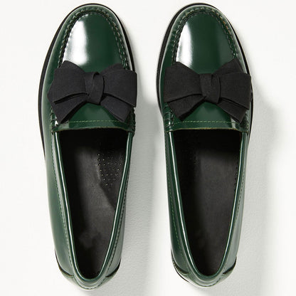 Green Round Toe Bow Detailed Slip-On Flats Women's Loafers