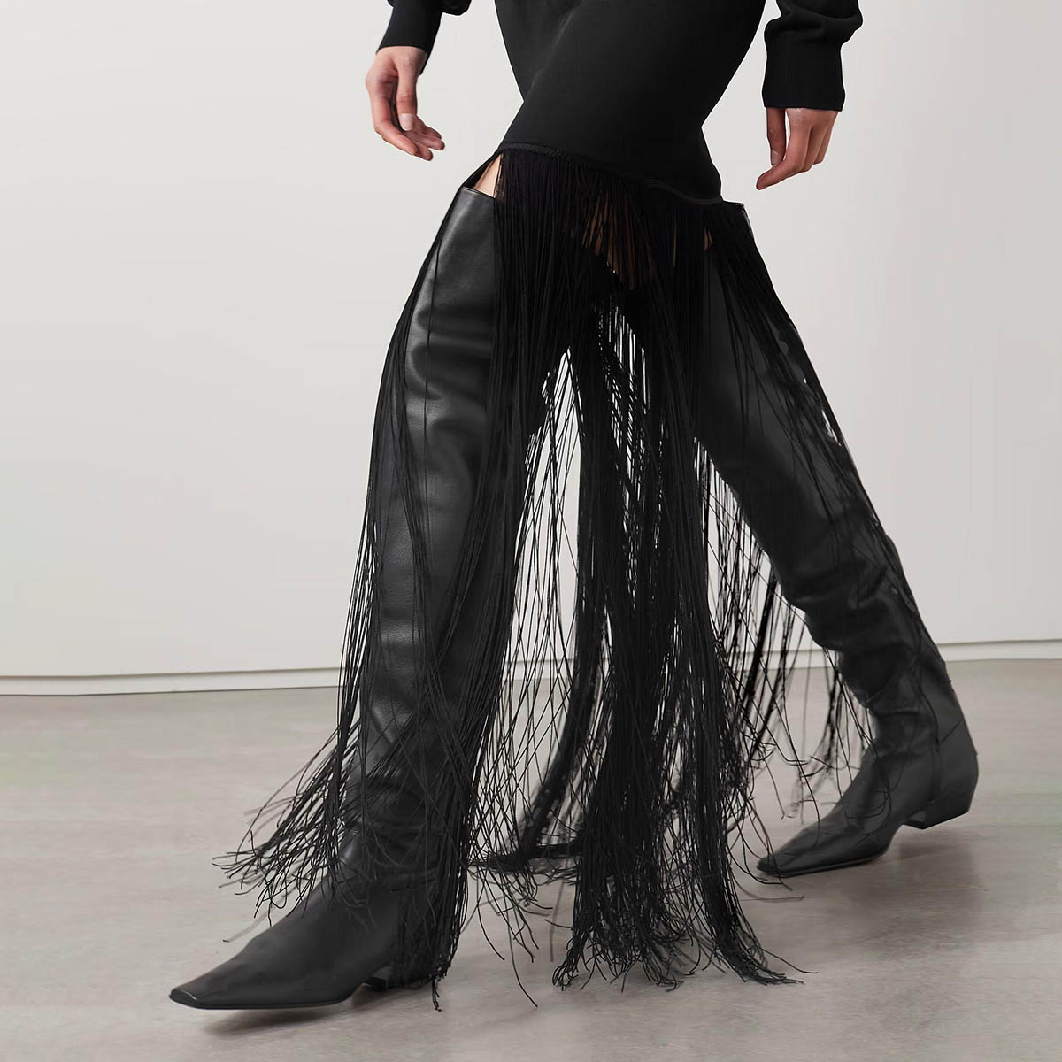 Black Square Toe Low Heel Pull-On Zipper Over the Knee High Boots