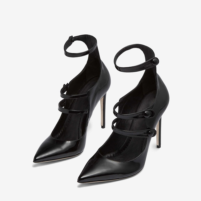Women's Patent Leather Triple Strap Stilettos Pointed Toe Black Pumps
