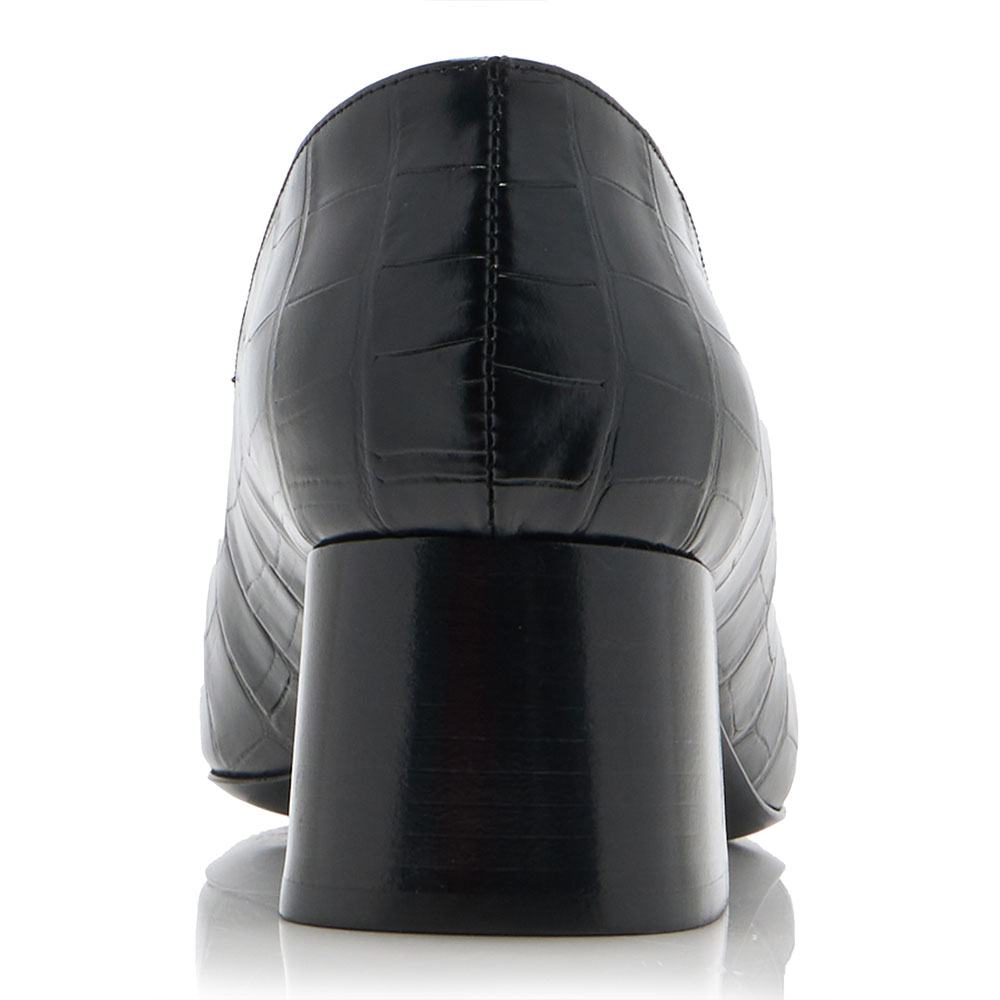 Black Croco Embossed Square Toe Block Heeled Loafers for Women