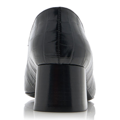 Black Croco Embossed Square Toe Block Heeled Loafers for Women