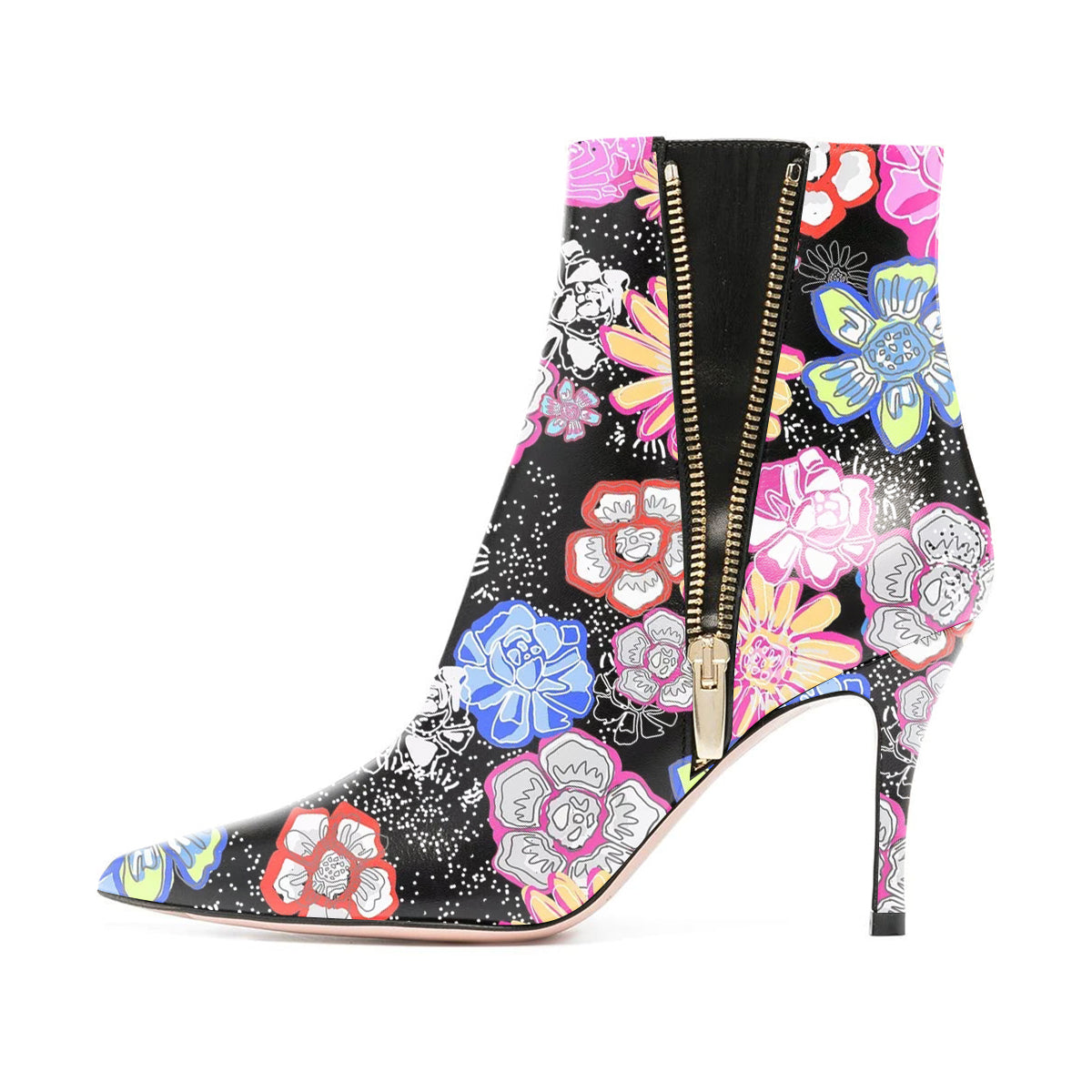 Black Floral Print Pointy Toe Side Zip Ankle Boots