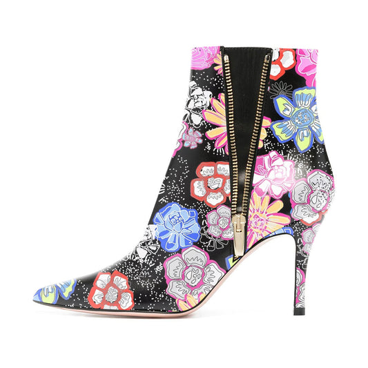 Black Floral Print Pointy Toe Side Zip Ankle Boots