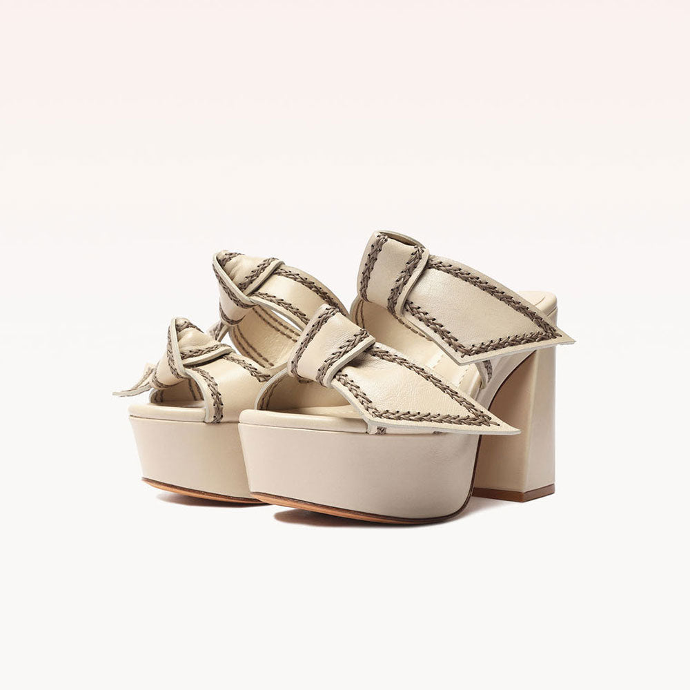 Beige Open Toe Stitching Chunky Heel Platform Mules with Double Bow