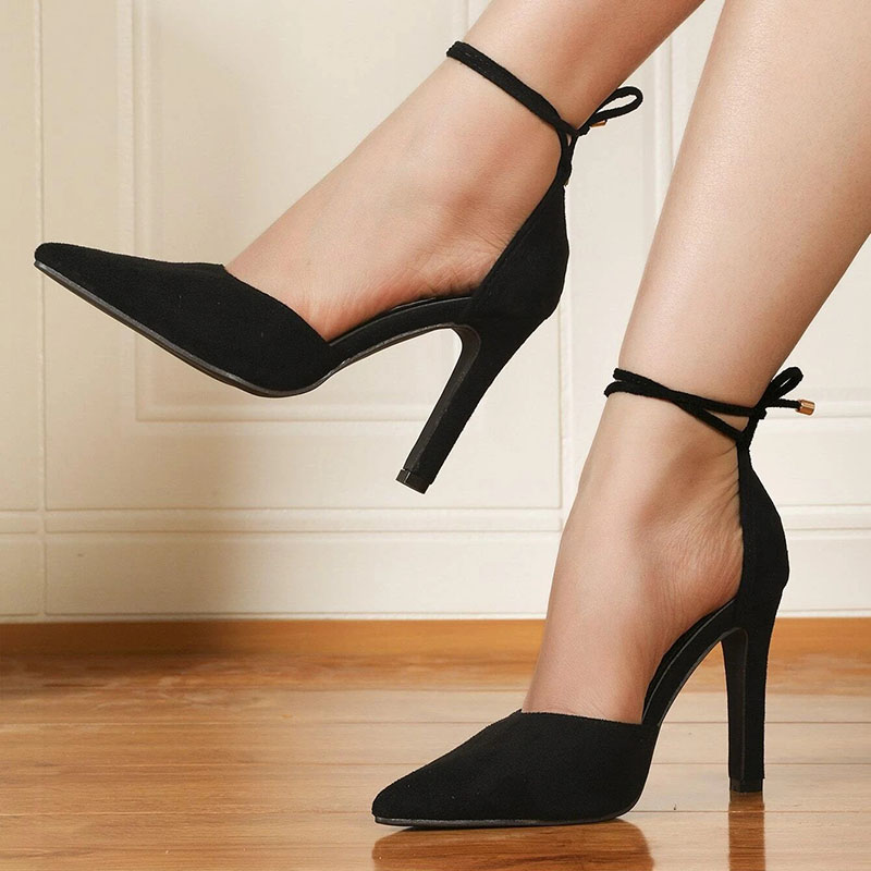 Women's Vegan Suede Pointed Toe Ankle Strap Office Black Pumps