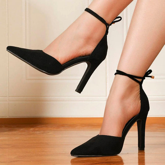 Women's Vegan Suede Pointed Toe Ankle Strap Office Black Pumps