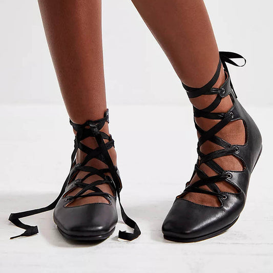 Black Square Toe Lace Up Shoes Zipper Flats for Women