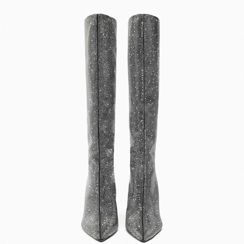 Silver Rhinestone Pointed Toe Chunky Heel Wide Calf Knee High Boots