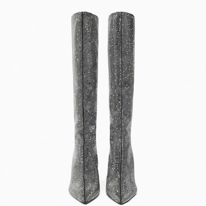 Silver Rhinestone Pointed Toe Chunky Heel Wide Calf Knee High Boots