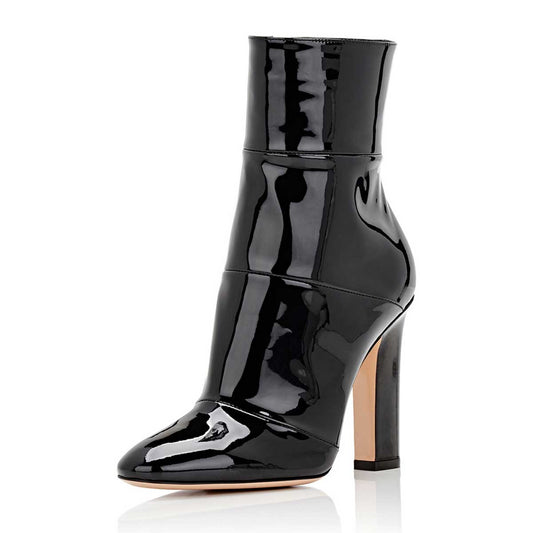 Black Chunky Heel Booties Patent Leather Pointed Toe Ankle Boots
