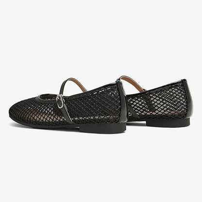 Black Square Toe Buckle Strap Women's Classic Mesh Flats