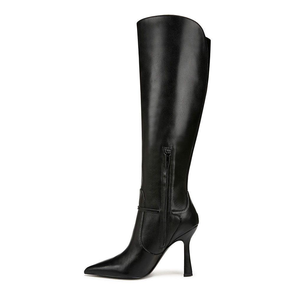 Black Pointy Toe Buckle Strap Detail Knee High Boots with Side Zipper