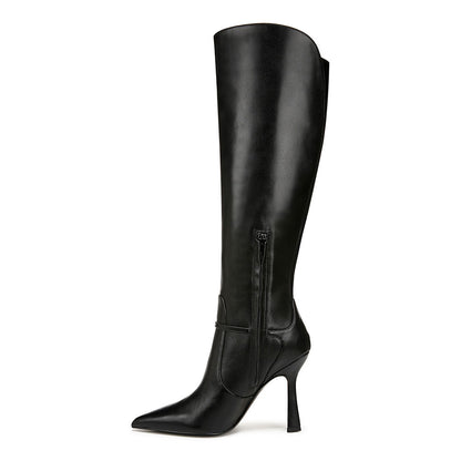 Black Pointy Toe Buckle Strap Detail Knee High Boots with Side Zipper