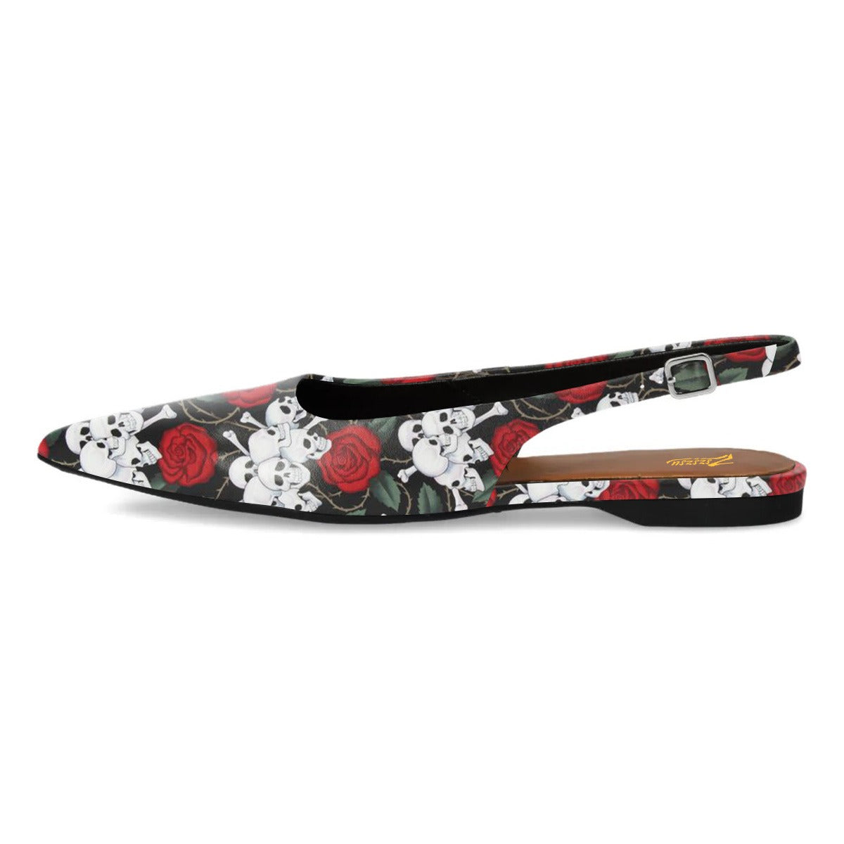 Multicolor Rose and Skull Print Slingback Pointed Toe Flats