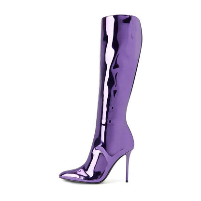 Purple Metallic Patent Leather Pointed Toe Side-Zip Knee High Boots