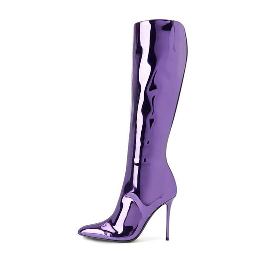 Purple Metallic Patent Leather Pointed Toe Side-Zip Knee High Boots