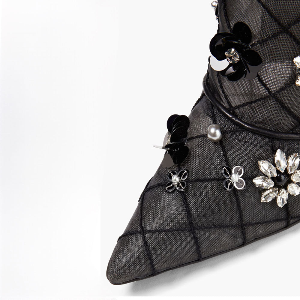 Black Mesh Pointed Toe Crystal Floral Stiletto Heel Ankle Boots