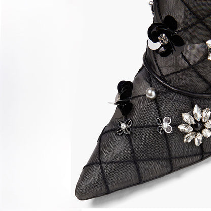 Black Mesh Pointed Toe Crystal Floral Stiletto Heel Ankle Boots