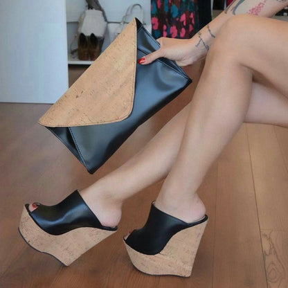 Black Cork Wedge Heels Peep Toe Platform Mules Shoes for Women