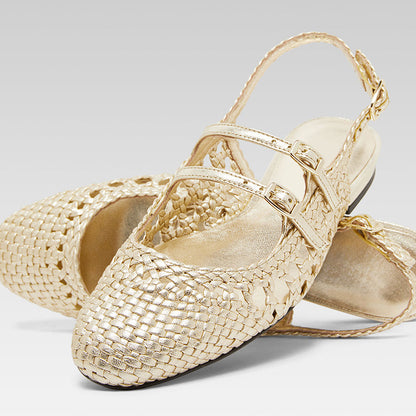 Gold Woven Round Toe Buckled Strappy Mary Jane Flats with Slingback