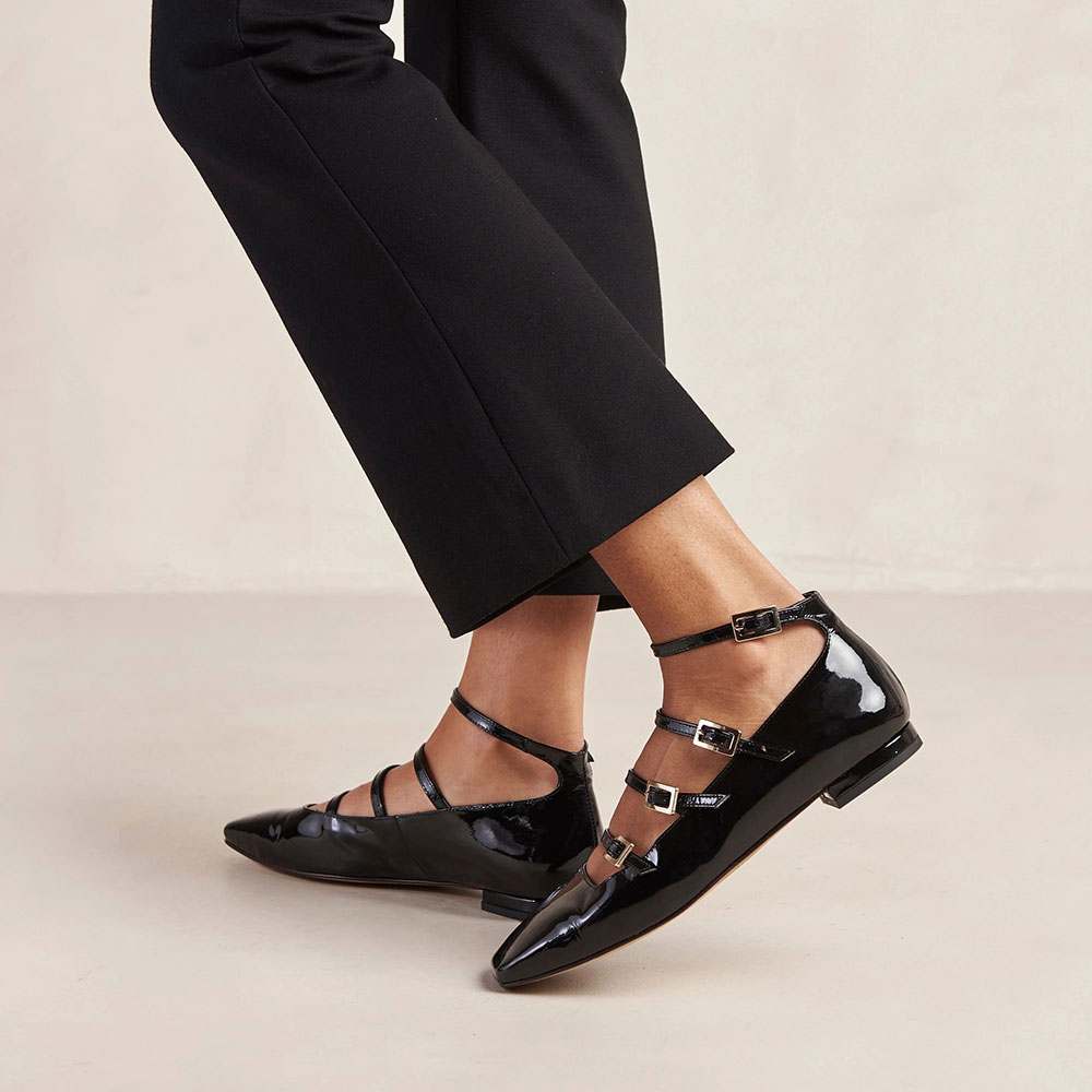Black Patent Leather Buckled Square Toe Mary Jane Flats