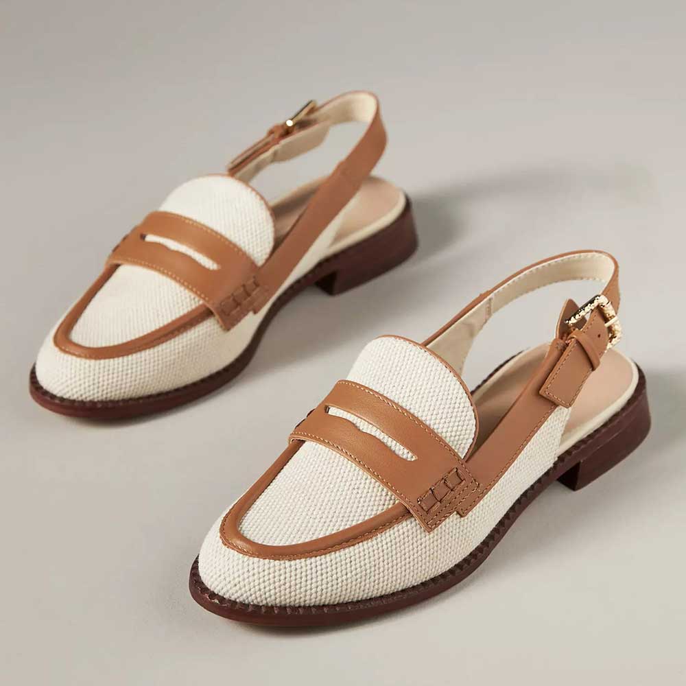 Beige & Brown Round Toe Flat Women's Textile Penny Slingback Loafers