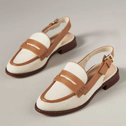 Beige & Brown Round Toe Flat Women's Textile Penny Slingback Loafers