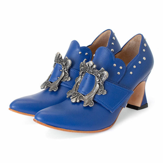 Blue Curved-Edged Pointed Toe Buckle Heeled Loafers with Studs