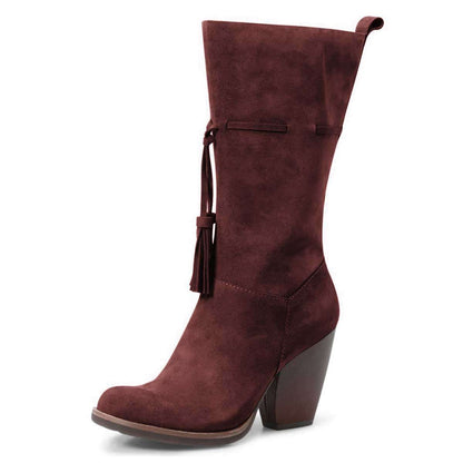 Maroon Closed Toe Tasseled Tie Front Chunky Heel Mid Calf Boots